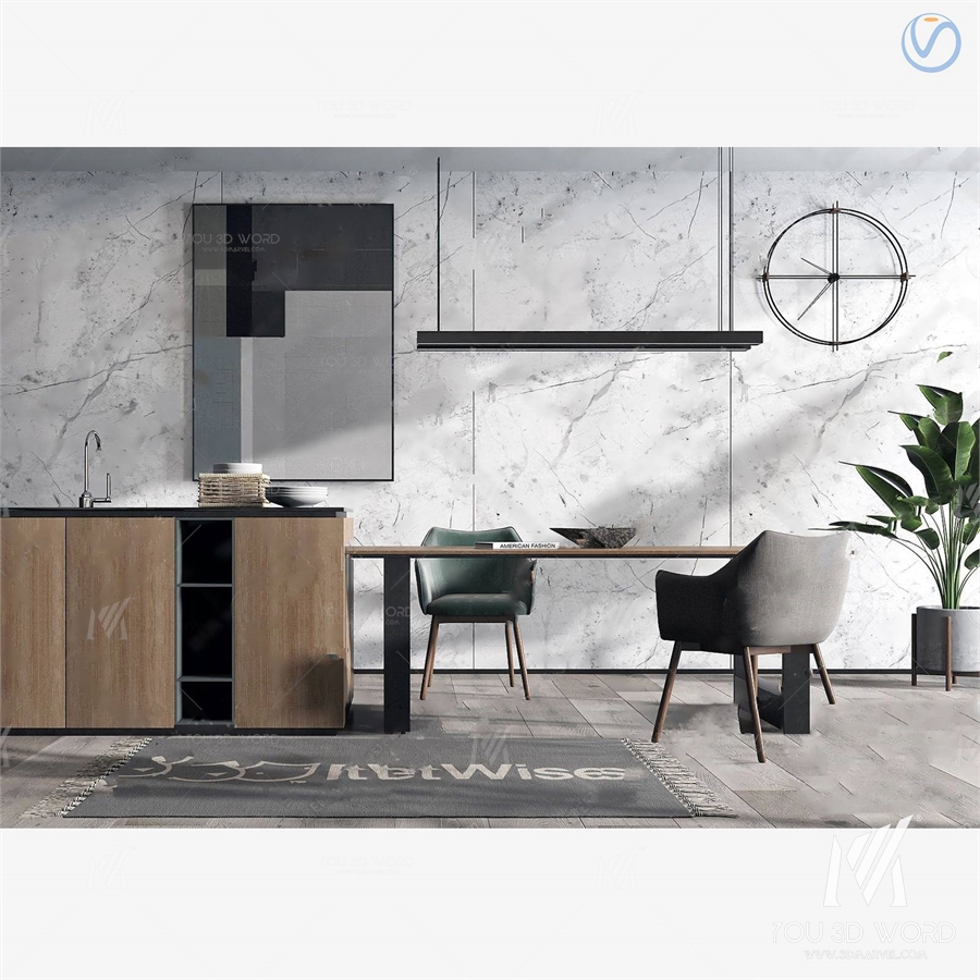 3d model of modern log island cabinet dining table and chairs